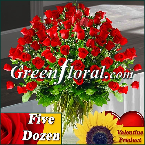The Valentine Five Dozen Red Rose Vase (Available in 4 colors.)