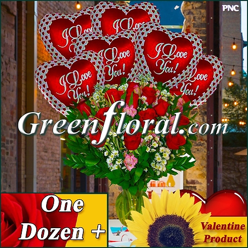 The Valentine Dz Red Rose Vase & 6 I Love You Mylars Balloons