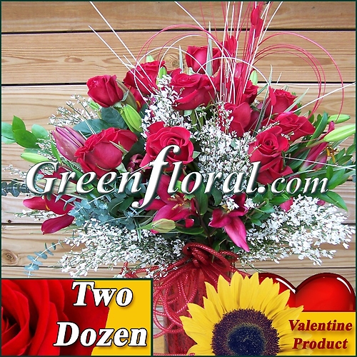 The Valentine Two Dozen Red Rose Vase (Available in 4 colors.)