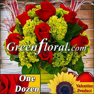 The Valentine Dozen Red Rose and Hydrangea Cube Vase