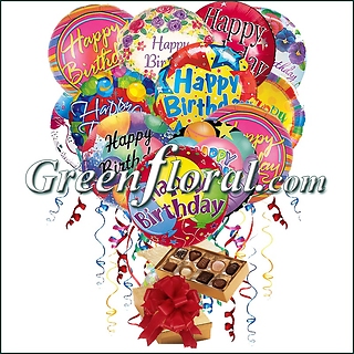 Dozen Happy Birthday Mylar Balloons with a Box of Chocolates