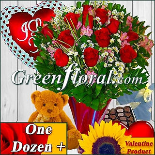The Valentine Dozen Roses,Teddy,Balloon & Chocolates