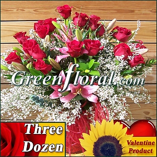The Valentine Three Dozen Valentine Red Rose Vase