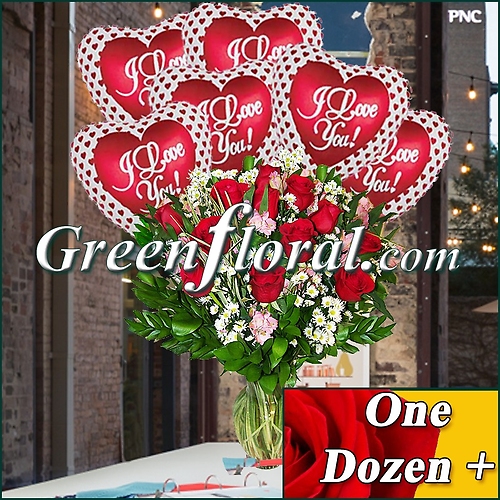 Dozen Rose Vase & 6 Love You Balloons (Available in 4 colors.)