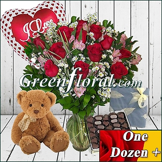 Dozen Roses,Teddy,Balloon & Chocolates (Available in 4 colors.)