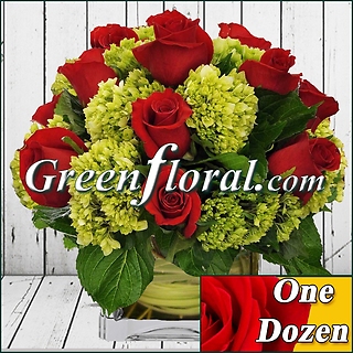 Dozen Rose and Hydrangea Cube Vase (Available in 4 colors.)